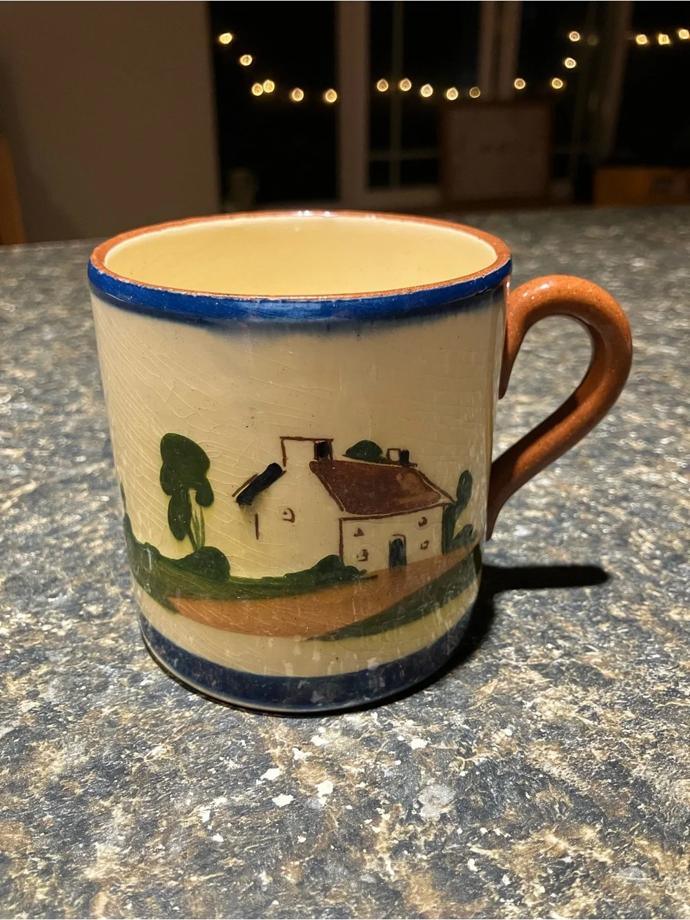 Vintage Motto Wear cottage mug /cup green brown cream “ time ripens all things”